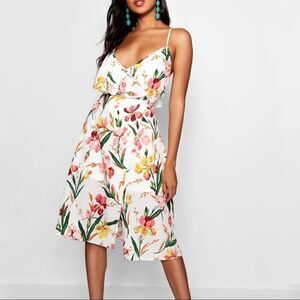 Boohoo Tasha Floral Ruffle Open Back Midi Chiffon Dress Size 6